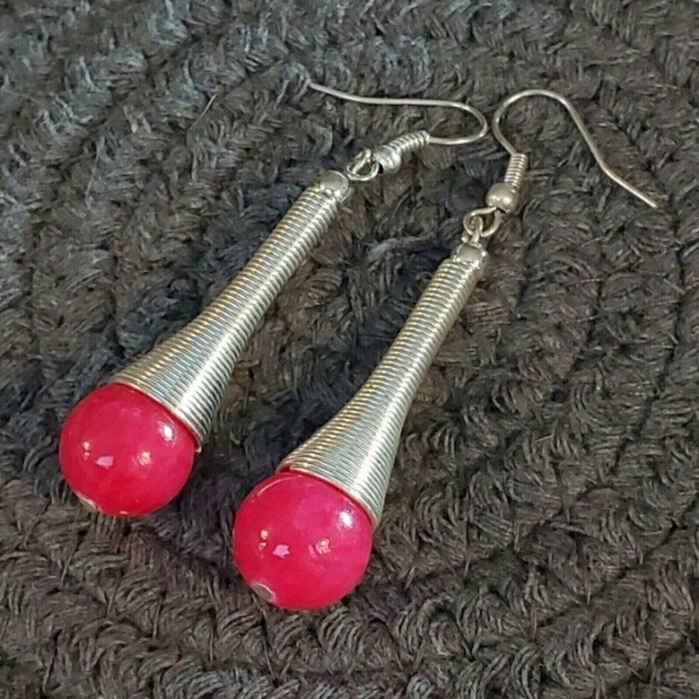 Avant Garde Magenta Malaysia Jade Silver Plated New Wave Dangle Earrings
